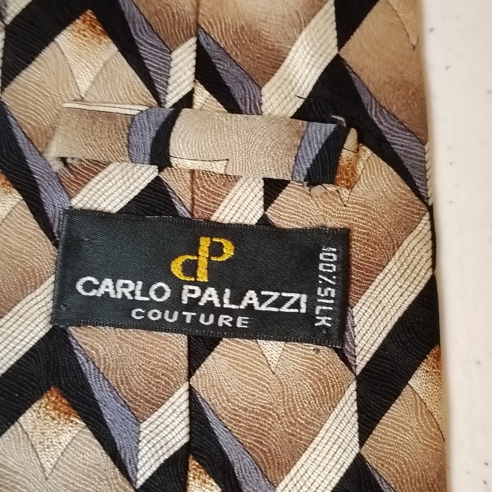 CARLO PALAZZI Couture Men's 100% Silk Necktie Designer Geometric Brown - Picture 3 of 3